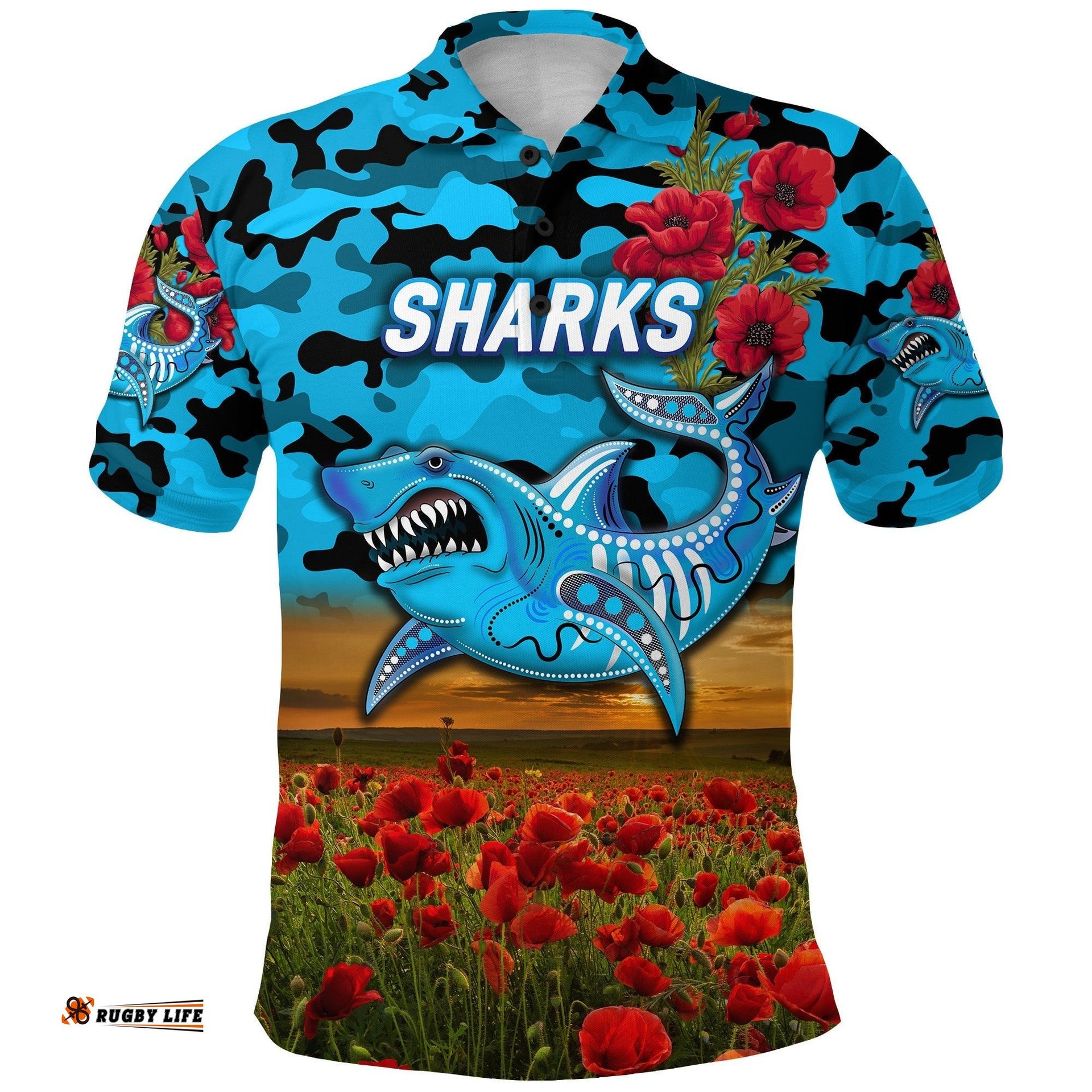Cronulla-Sutherland Sharks ANZAC 2022 Polo Shirt Poppy Flowers Vibes
