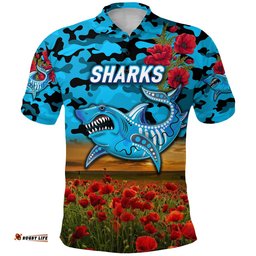 Cronulla-Sutherland Sharks ANZAC 2022 Polo Shirt Poppy Flowers Vibes