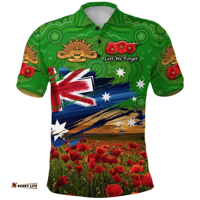 Custom Personalised Australia Aboriginal ANZAC Polo Shirt Poppy Vibes - Green