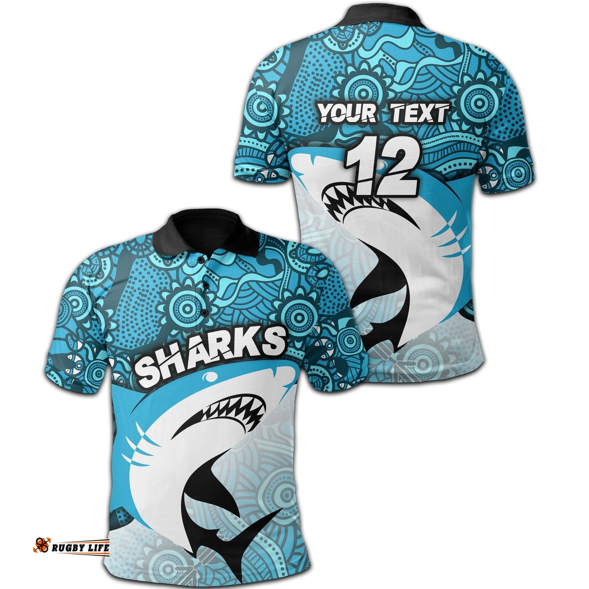 Custom Personalised Sharks Aboriginal Polo Shirt Sea Wave Style
