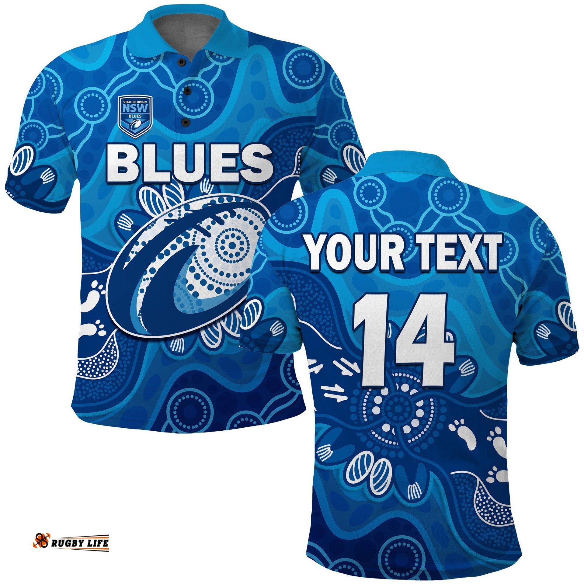 Custom Text And Number NSW Blues Polo Shirt New South Wales Aboriginal Art