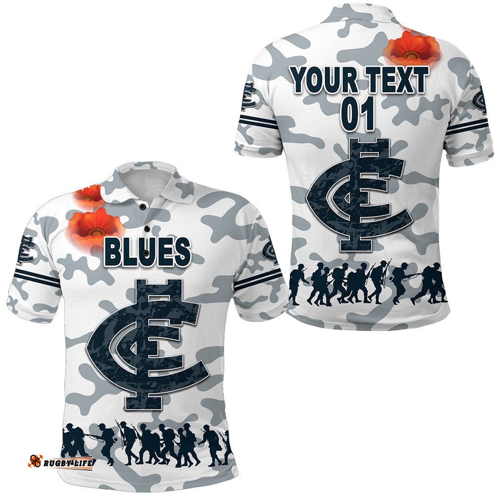 Custom Personalised Carlton Polo Shirt Blues Anzac Vibes - White, Custom Text And Number