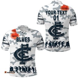 Custom Personalised Carlton Polo Shirt Blues Anzac Vibes - White, Custom Text And Number