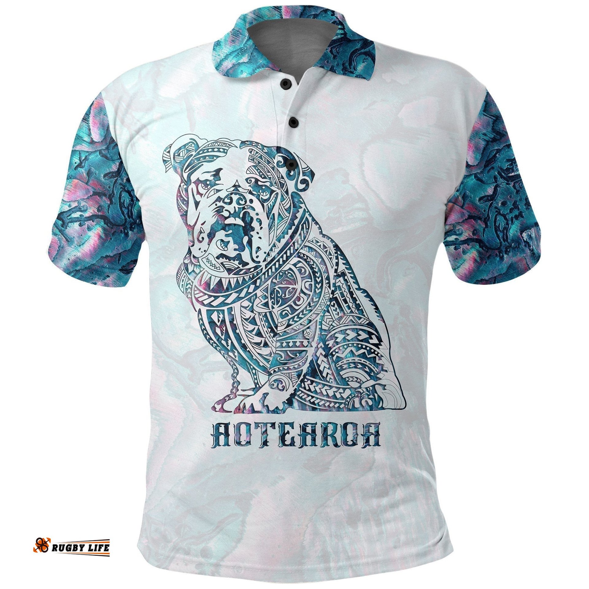 Aotearoa Maori Bulldog Polo Shirt, Paua Shell Bulldog Tattoo Golf Shirts
