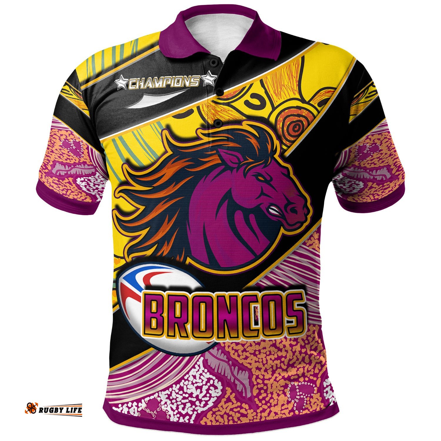 Broncos Rugby Polo Shirt - Custom Broncos Horse Rugby with Aboriginal Dot Painting Personalised Player And Number Polo Shirt