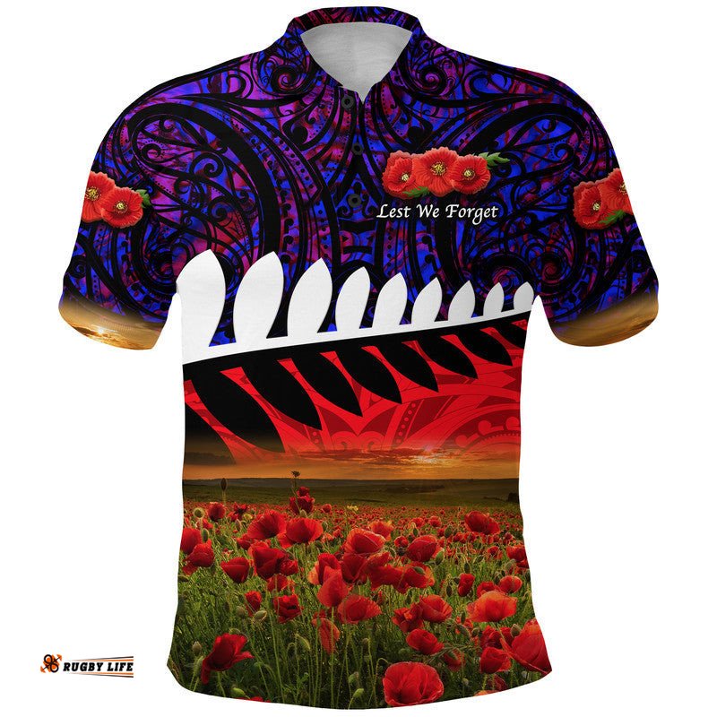 Custom Personalised New Zealand Maori ANZAC Polo Shirt Poppy Vibes - Purple