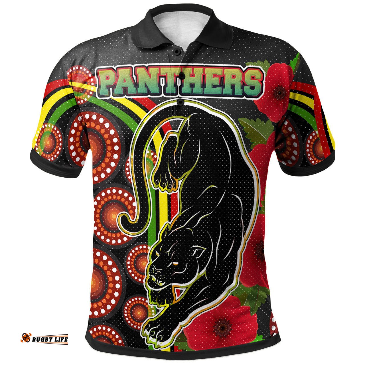 Panthers Rugby Polo Shirt - Aboriginal Panthers Anzac Day Panther With Poppy Flower Polo Shirt