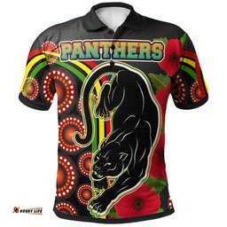 Panthers Rugby Polo Shirt - Aboriginal Panthers Anzac Day Panther With Poppy Flower Polo Shirt