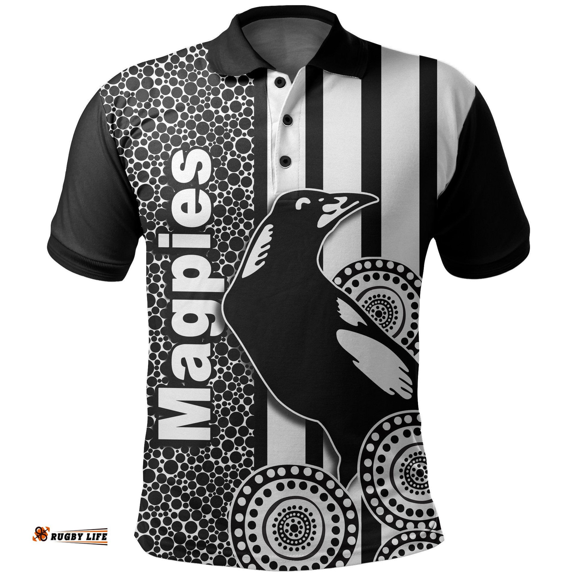 Magpies Polo Shirt Aboriginal Dot Black