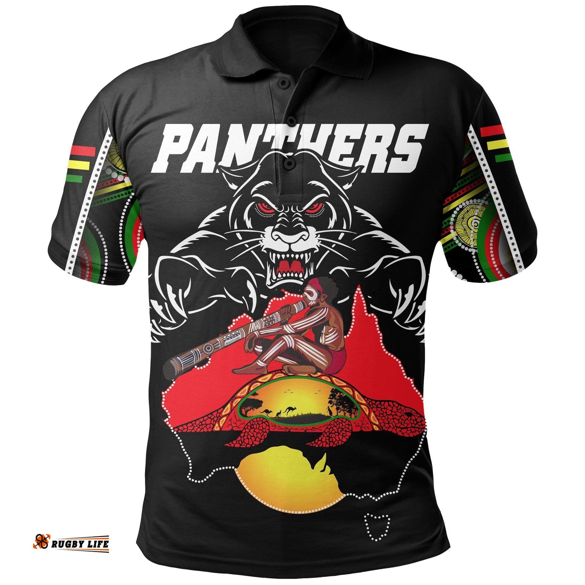 Panthers Black Polo Shirt Aboriginal Special Map