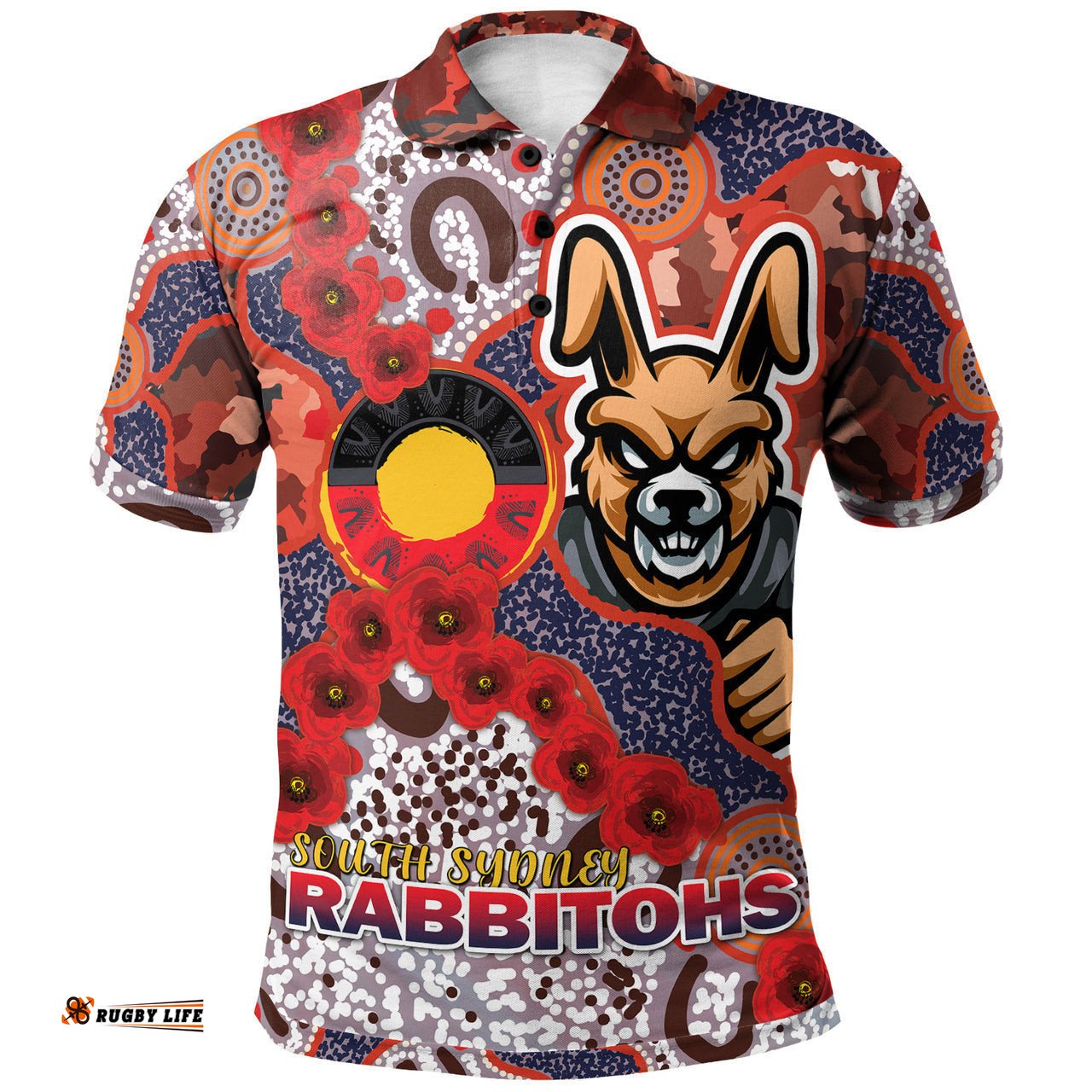 Rabbitohs Rugby Polo Shirt - Custom Anzac South Sydney Rabbitohs with Aboriginal Poppy Flowers Polo Shirt RLT13