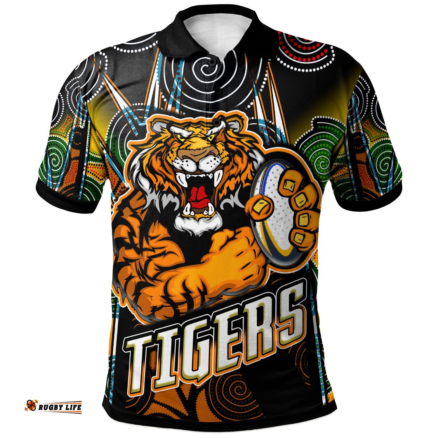 Tigers Rugby Polo Shirt - Custom Tiger Rugby Ball Aboriginal Art Vector Painting Personalised Player And Number Polo Shirt
