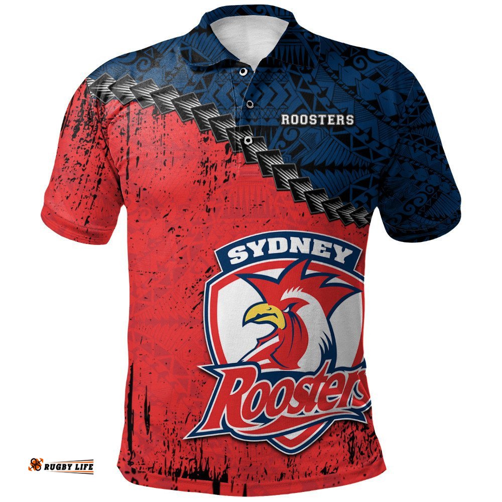 Sydney Roosters Polo Shirt Grunge Polynesian Tattoo - NRL