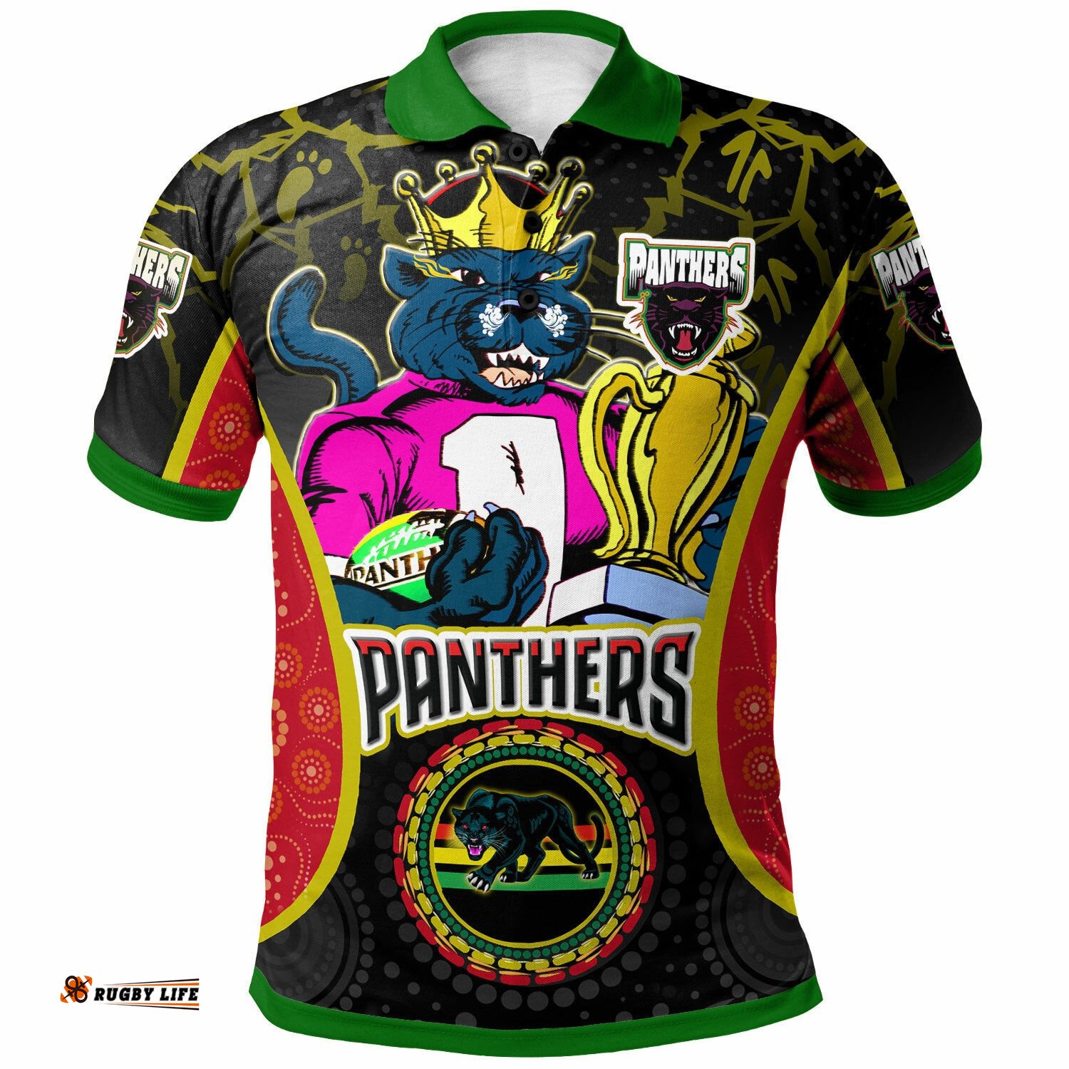 Panthers Rugby Polo Shirt - Custom Panthers Premierships Champion Personalised Player And Number Aboriginal Pride Polo Shirt