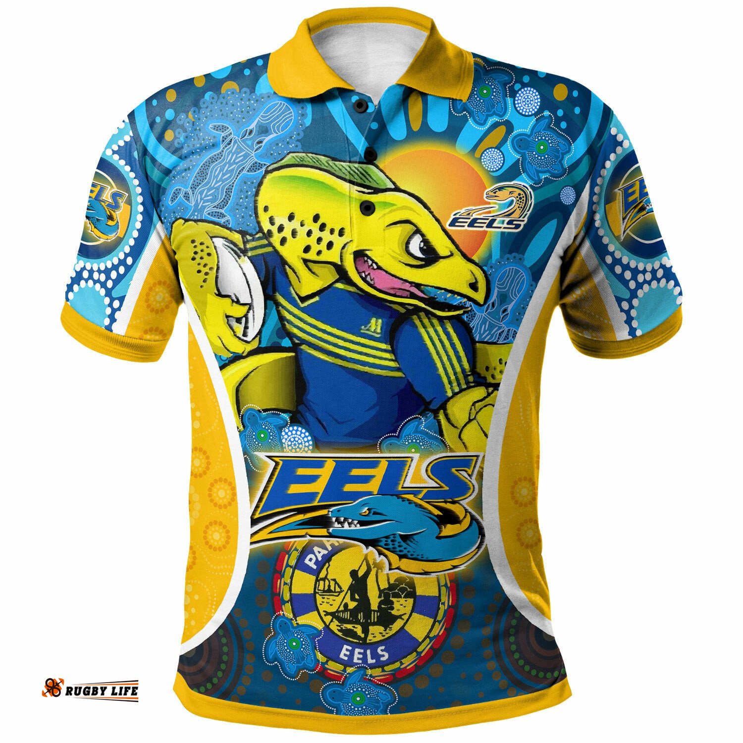 Parramatta Eels Rugby Polo Shirt - Custom Eels Mascot With Aboriginal Art Personalised Player And Number Polo Shirt