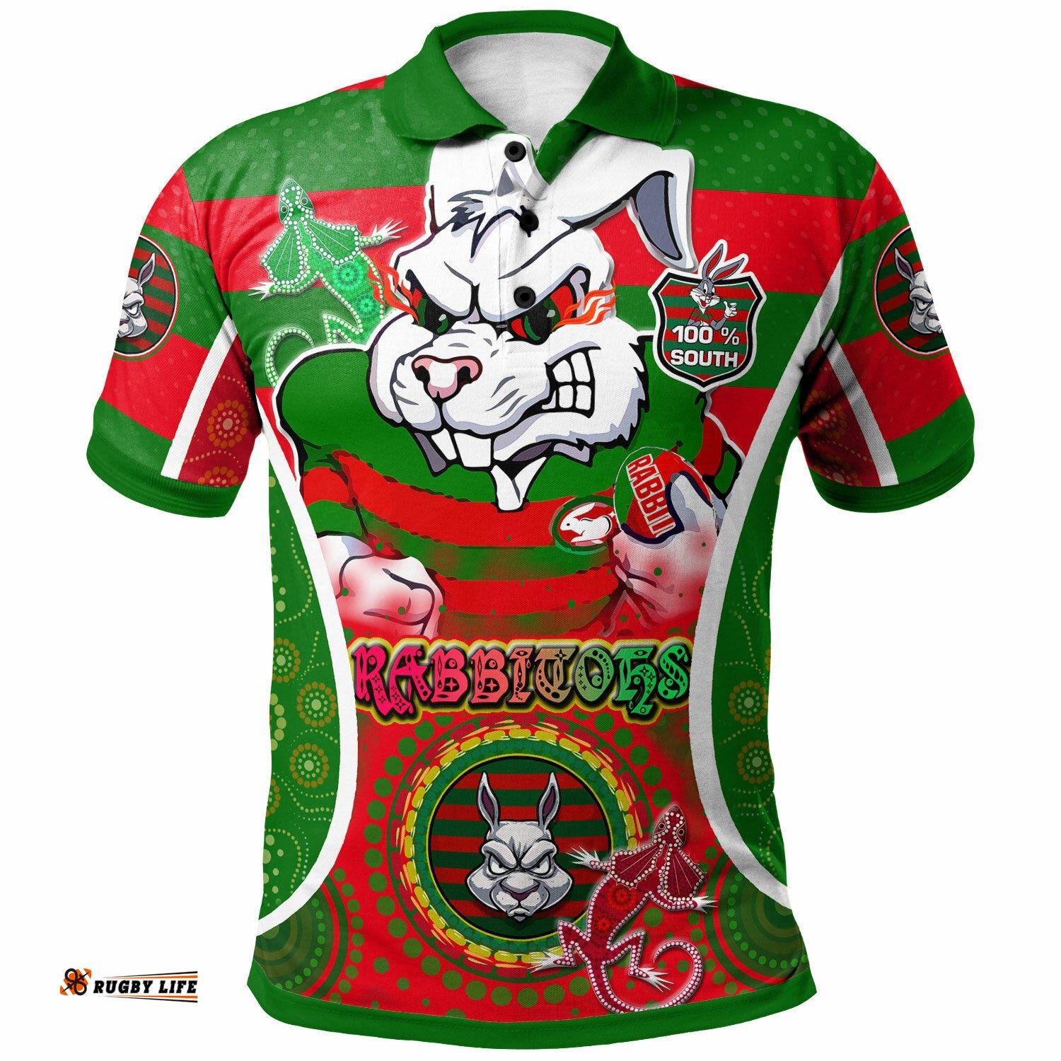 Rabbitohs Rugby Polo Shirt - Custom Angry Rabbitohs 100% South Personalised Player And Number Aboriginal Pride Polo Shirt