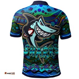 Sharks Rugby Polo Shirt - Custom Sharks Rugby With Fish Aboriginal Style Personalised Player And Number Polo Shirt