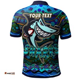 Sharks Rugby Polo Shirt - Custom Sharks Rugby With Fish Aboriginal Style Personalised Player And Number Polo Shirt
