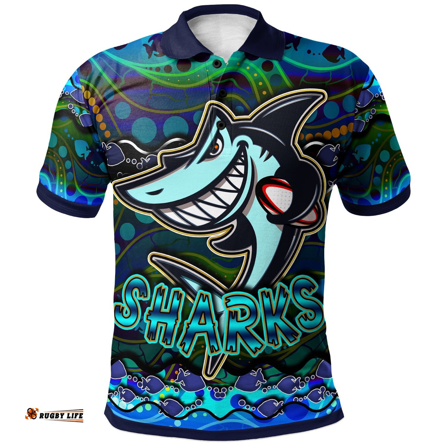 Sharks Rugby Polo Shirt - Custom Sharks Rugby With Fish Aboriginal Style Personalised Player And Number Polo Shirt