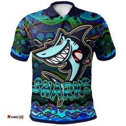 Sharks Rugby Polo Shirt - Custom Sharks Rugby With Fish Aboriginal Style Personalised Player And Number Polo Shirt