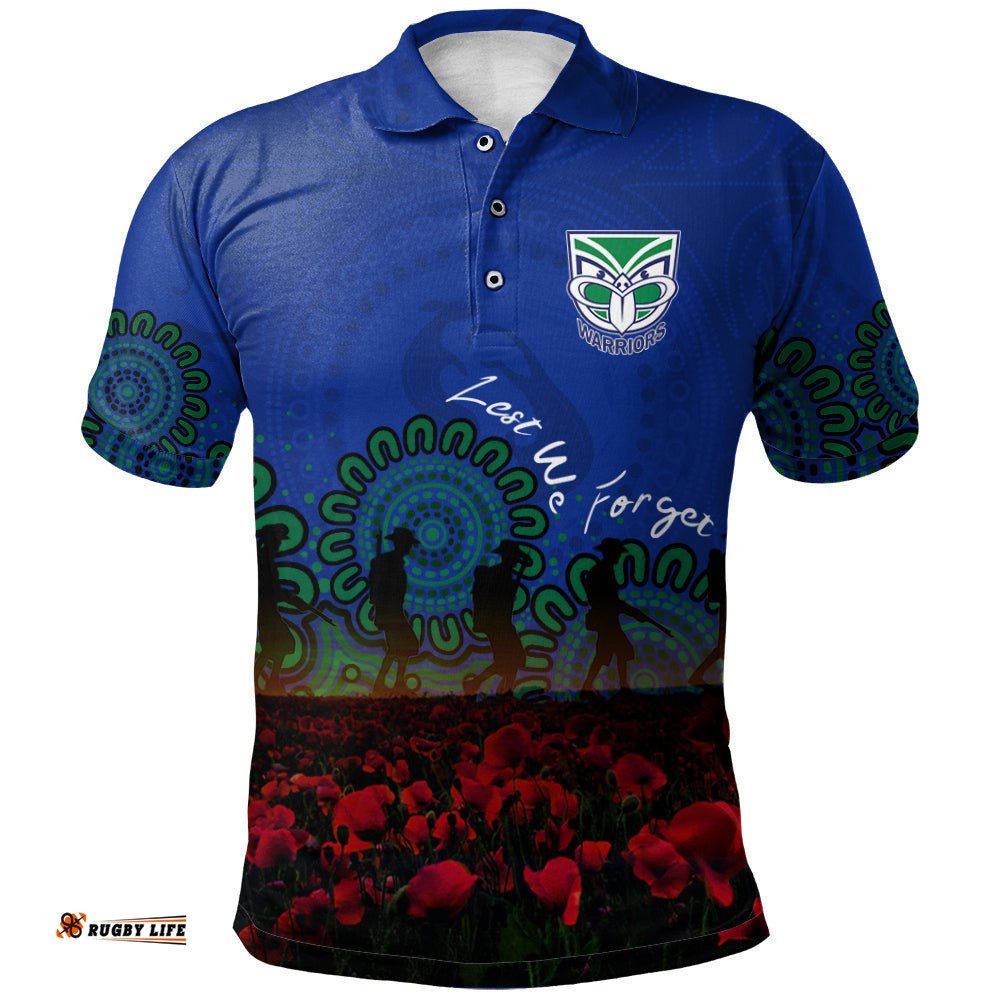 New Zealand Warriors Polo Shirt Personalized Aboriginal Rugby Anzac Day Poppy With Soldiers - NRL