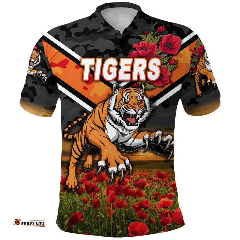 Custom Personalised Tigers ANZAC Polo Shirt Poppy Flowers Vibes