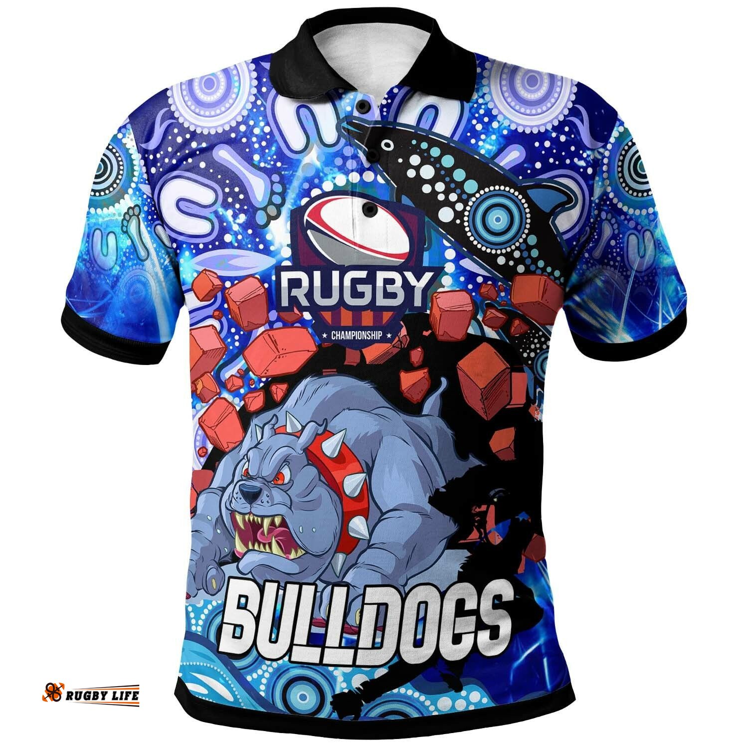 Bulldogs Rugby Polo Shirt - Custom Personalised Angry Bulldogs with Aboriginal Culture and Dot Painting Player And Number Polo Shirt