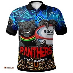 Panthers Rugby Polo Shirt - Custom Panthers Rugby Champions with Aboriginal Dot Painting Art Player And Number Polo Shirt