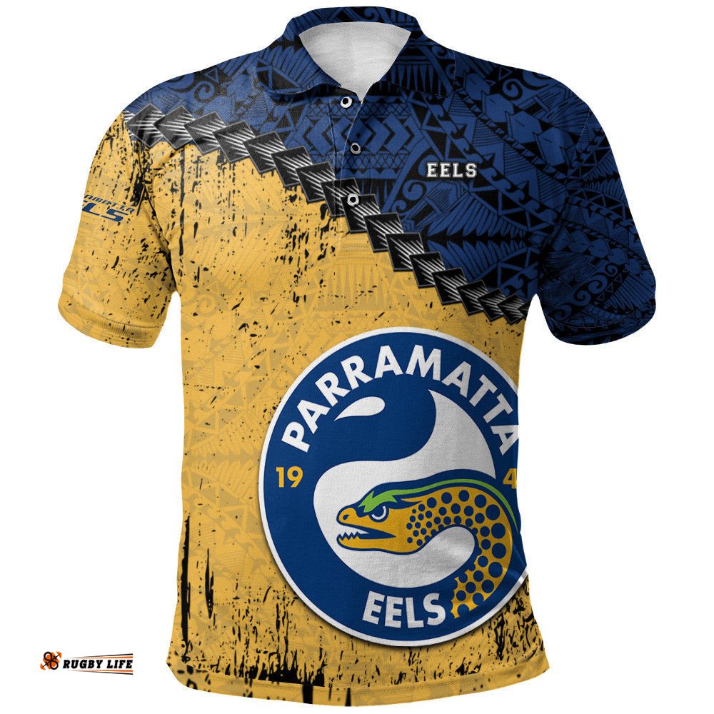Parramatta Eels Polo Shirt Grunge Polynesian Tattoo - NRL