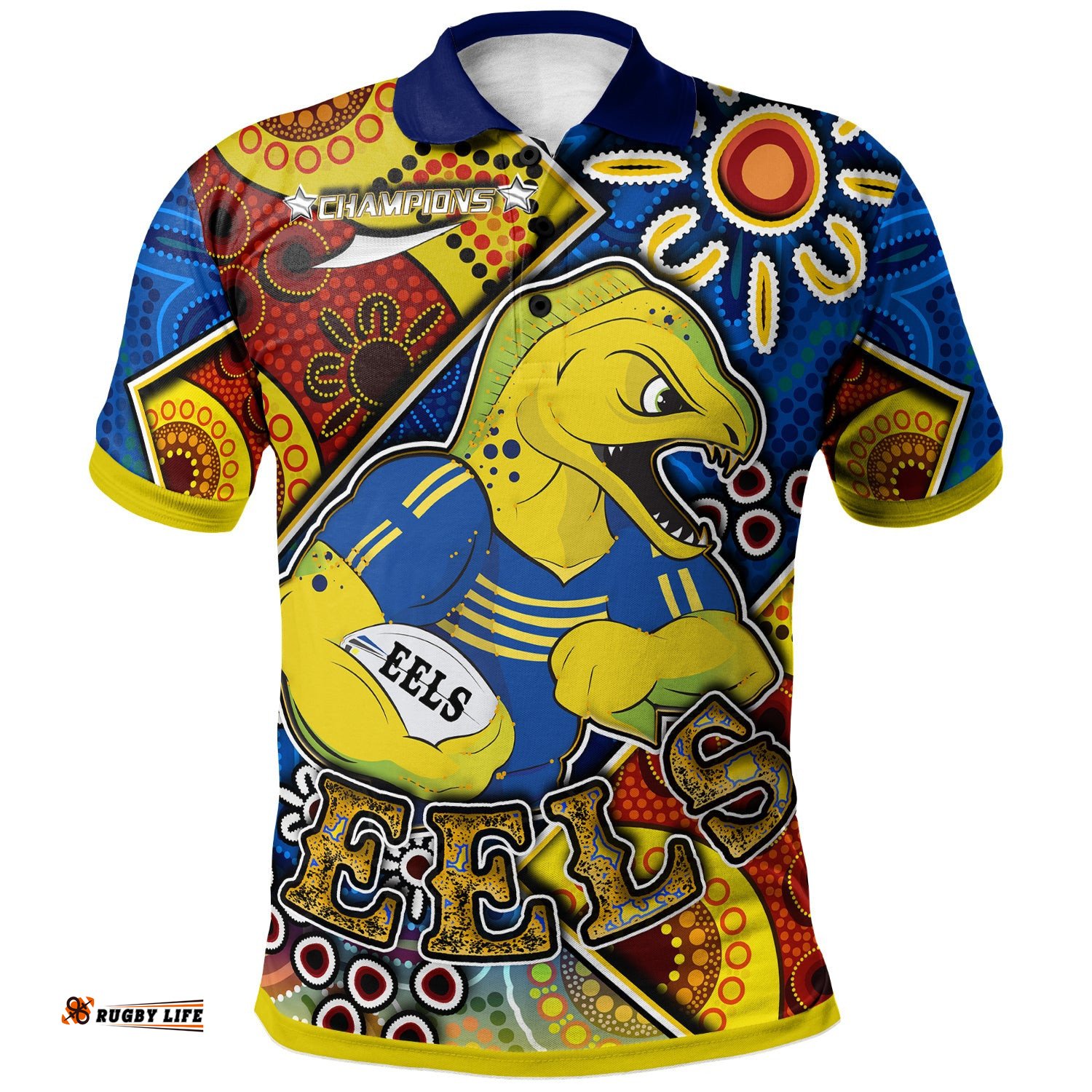 Eels Rugby Polo Shirt - Custom Eels Rugby Ball With Aboriginal Art Personalised Player And Number Polo Shirt
