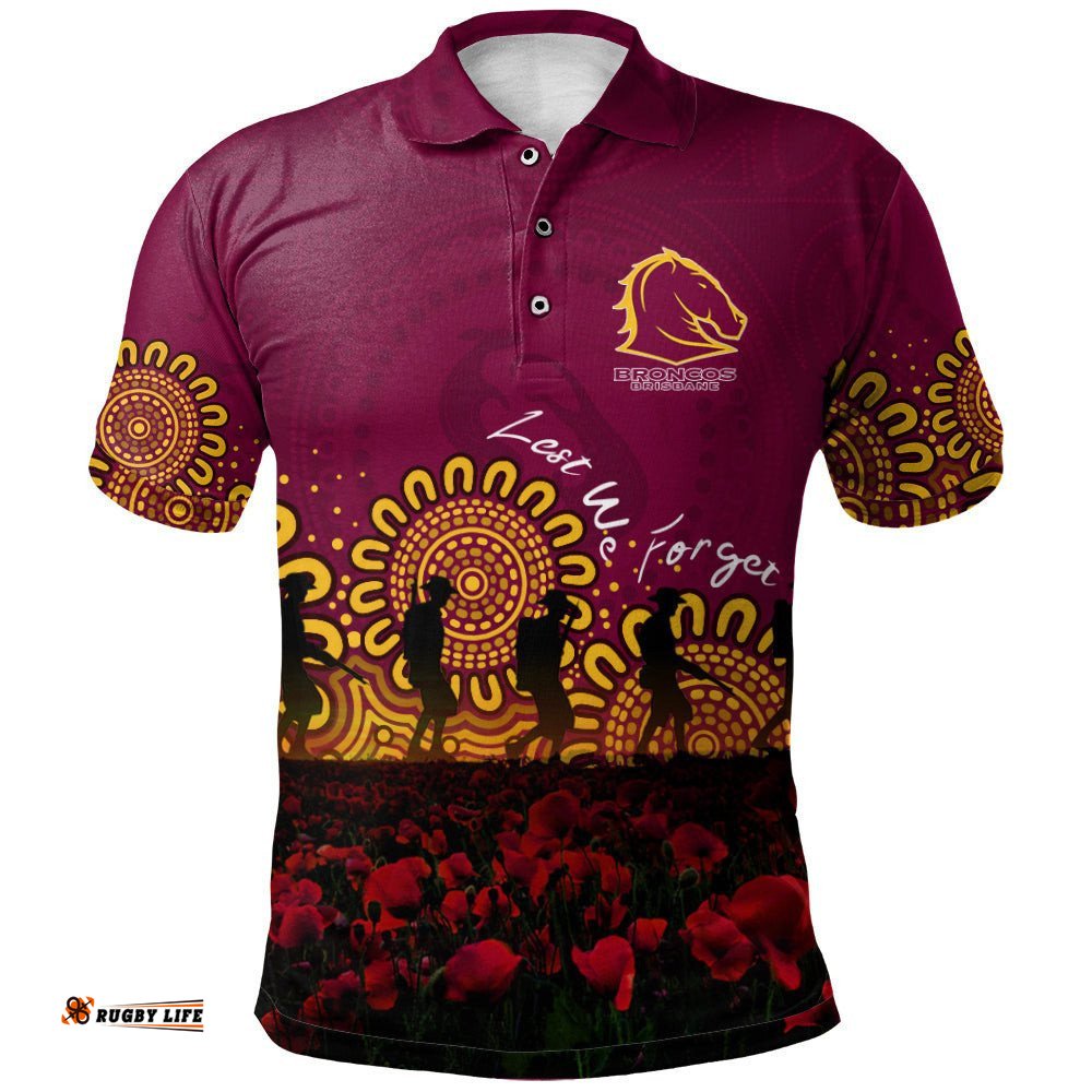 Brisbane Broncos Polo Shirt Personalized Aboriginal Rugby Anzac Day Poppy With Soldiers - NRL