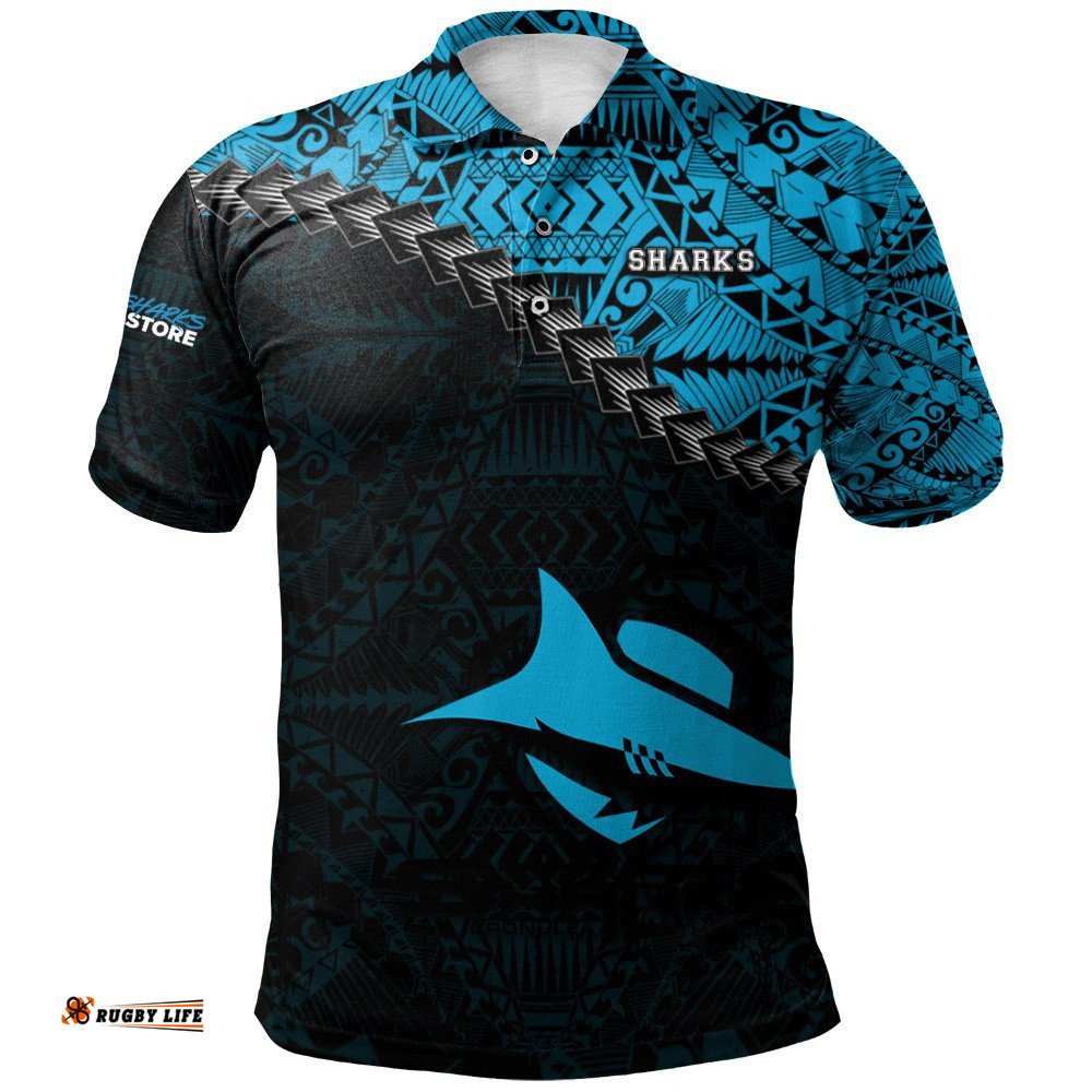 Cronulla-Sutherland Sharks Polo Shirt Grunge Polynesian Tattoo - NRL
