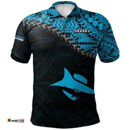 Cronulla-Sutherland Sharks Polo Shirt Grunge Polynesian Tattoo - NRL