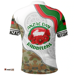 Rabbitohs Rugby Aboriginal Anzac Polo Shirt - Remembrance Indigenous Camo With Poppy - NRL