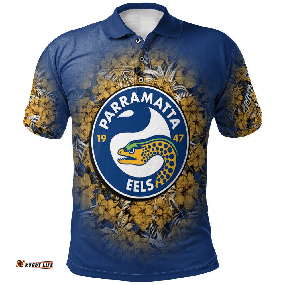 Parramatta Eels Polo Shirt Polynesian Hibiscus Tropical Vintage  - NRL