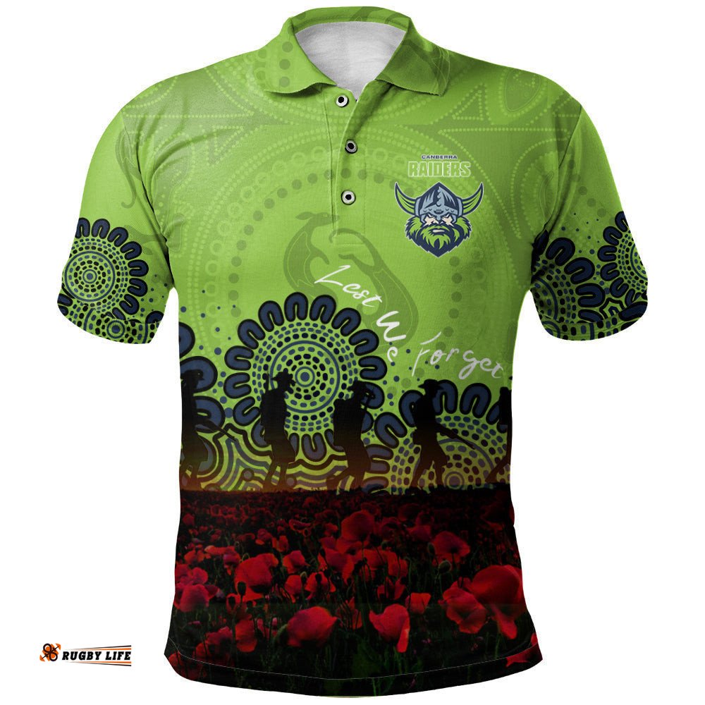 Canberra Raiders Polo Shirt Personalized Aboriginal Rugby Anzac Day Poppy With Soldiers - NRL