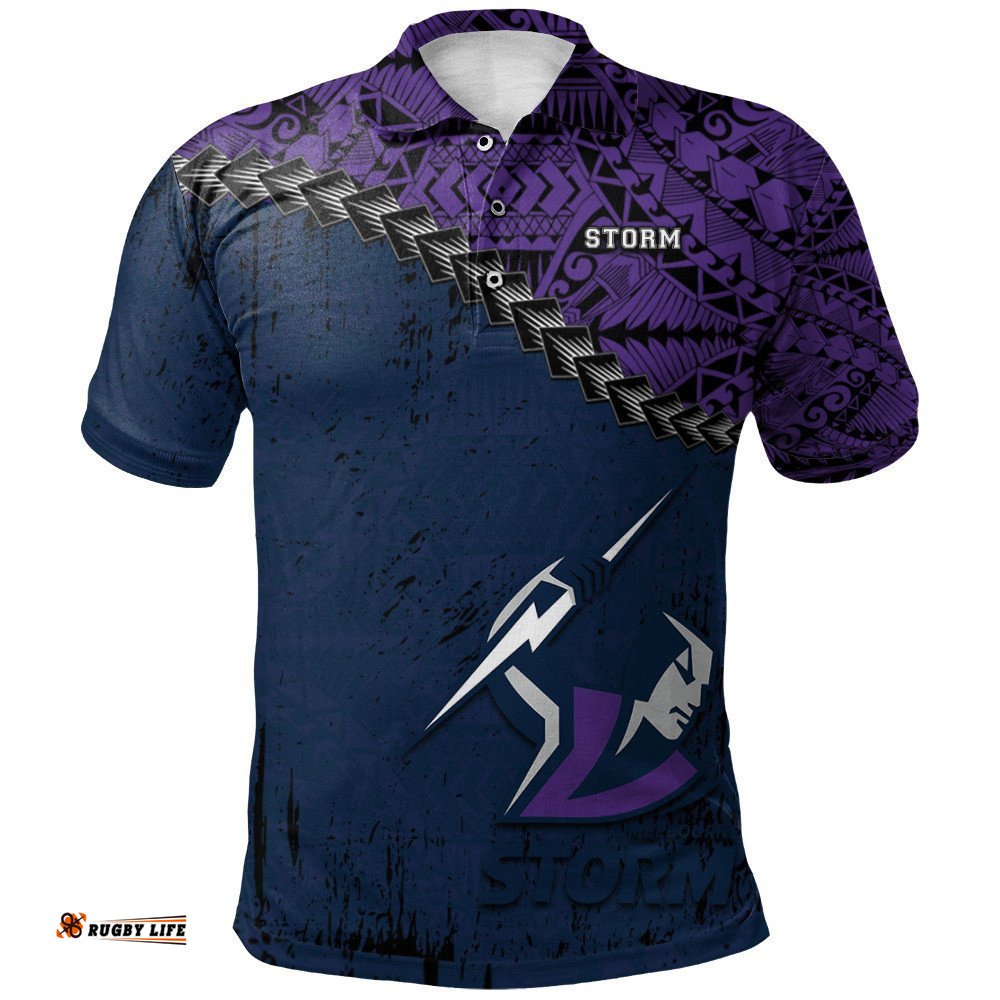 Melbourne Storm Polo Shirt Grunge Polynesian Tattoo - NRL