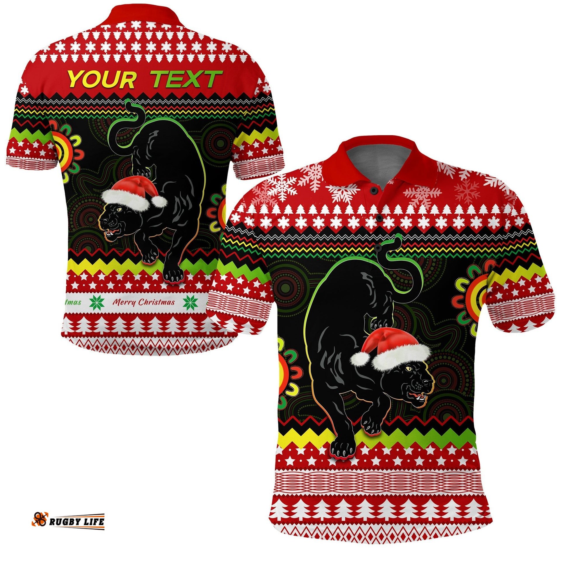 Custom Personalised Panthers Christmas Polo Shirt Penrith Snow mix Indigenous