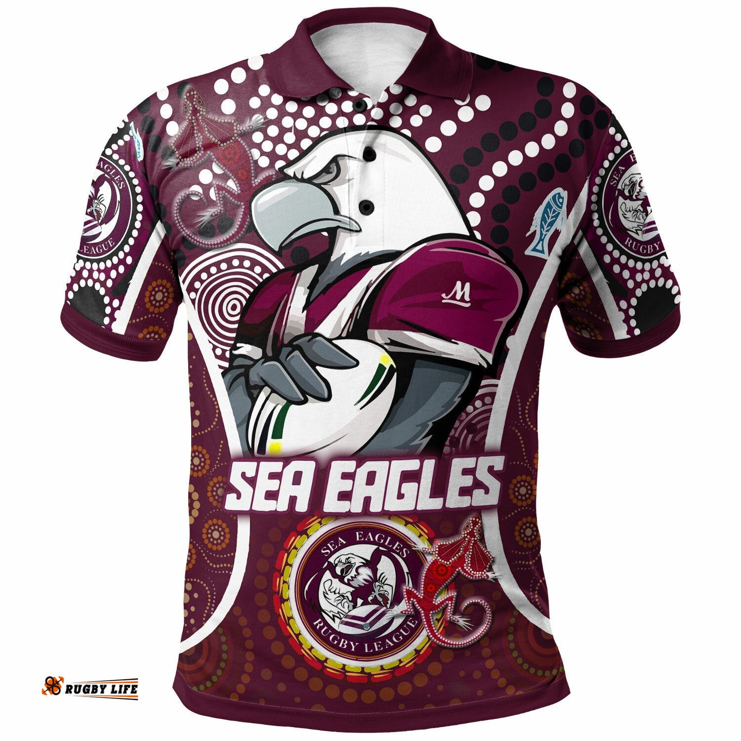 Sea Eagles Rugby Polo Shirt - Custom Manly Sea Eagles Mascot With Aboriginal Art Personalised Player And Number Polo Shirt
