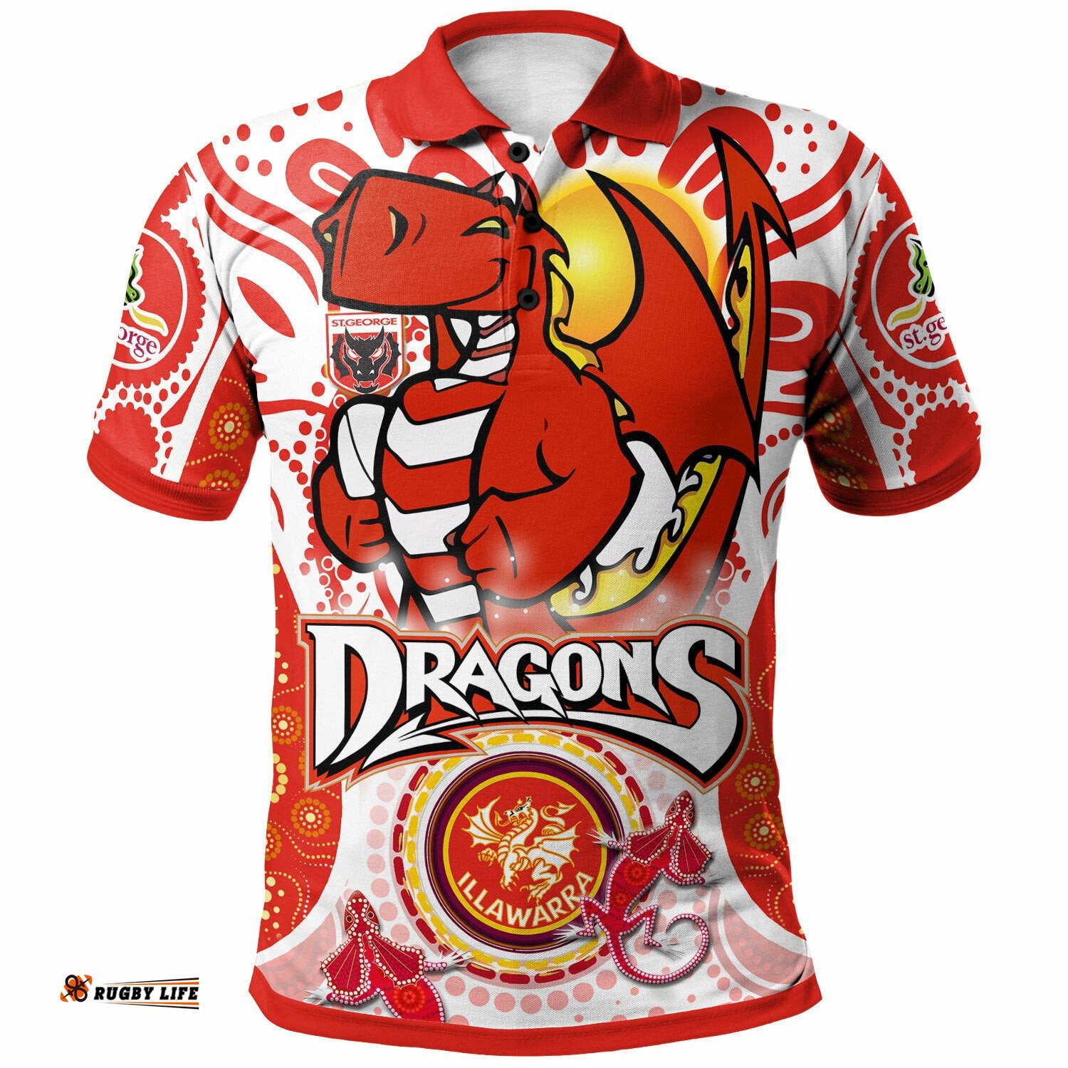 St. George Rugby Polo Shirt - Custom St. George Illawarra Dragons Mascot With Aboriginal Art Personalised Player And Number Polo Shirt