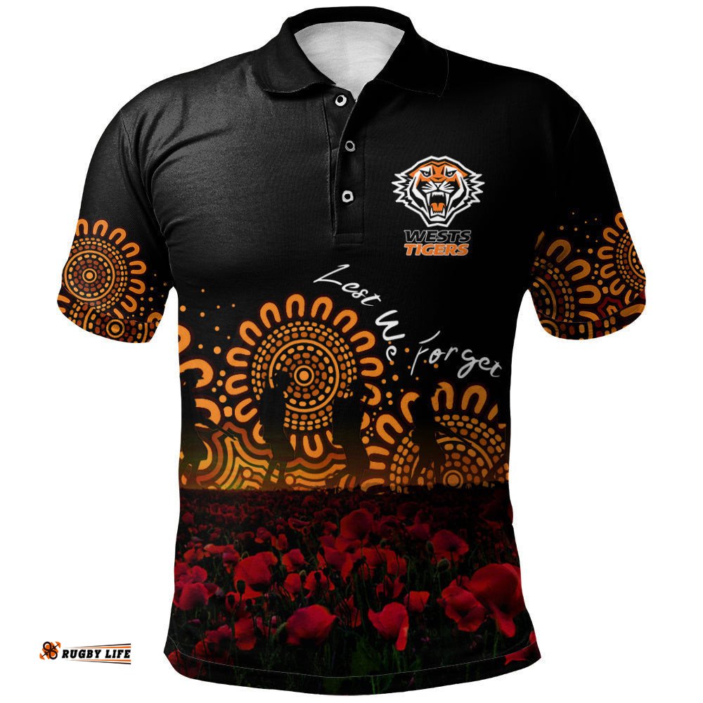 Wests Tigers Polo Shirt Personalized Aboriginal Rugby Anzac Day Poppy With Soldiers - NRL