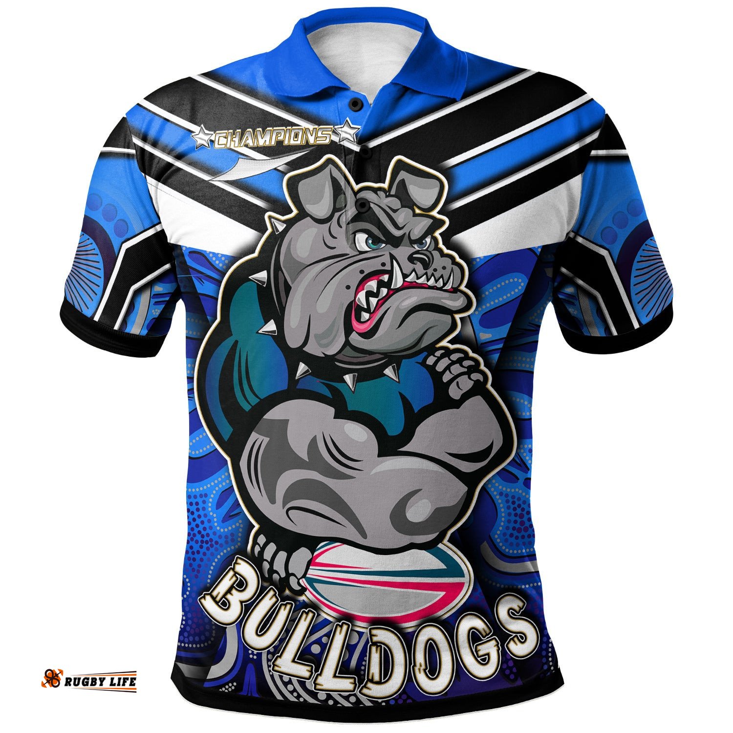 Bulldogs Rugby Polo Shirt - Custom Bulldog Rugby Ball With Aboriginal Pattern Personalised Player And Number Polo Shirt