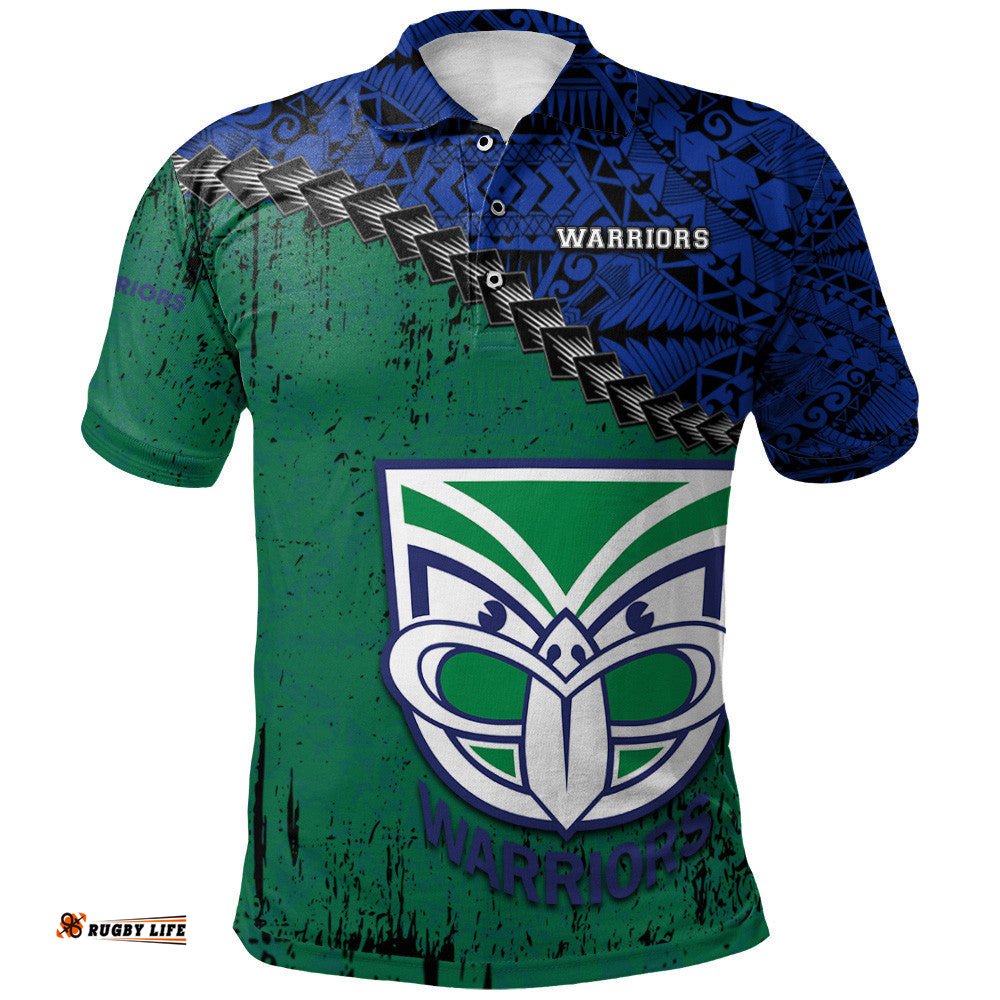 New Zealand Warriors Polo Shirt Grunge Polynesian Tattoo - NRL