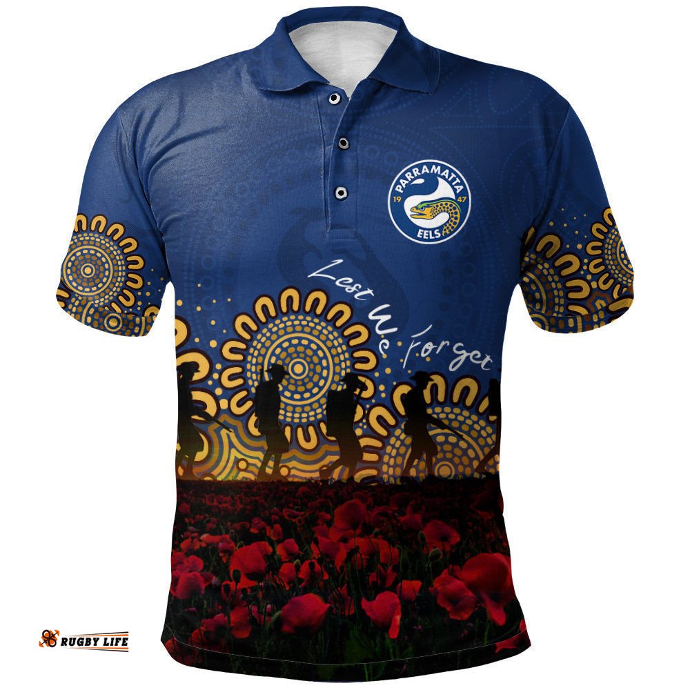 Parramatta Eels Polo Shirt Personalized Aboriginal Rugby Anzac Day Poppy With Soldiers - NRL