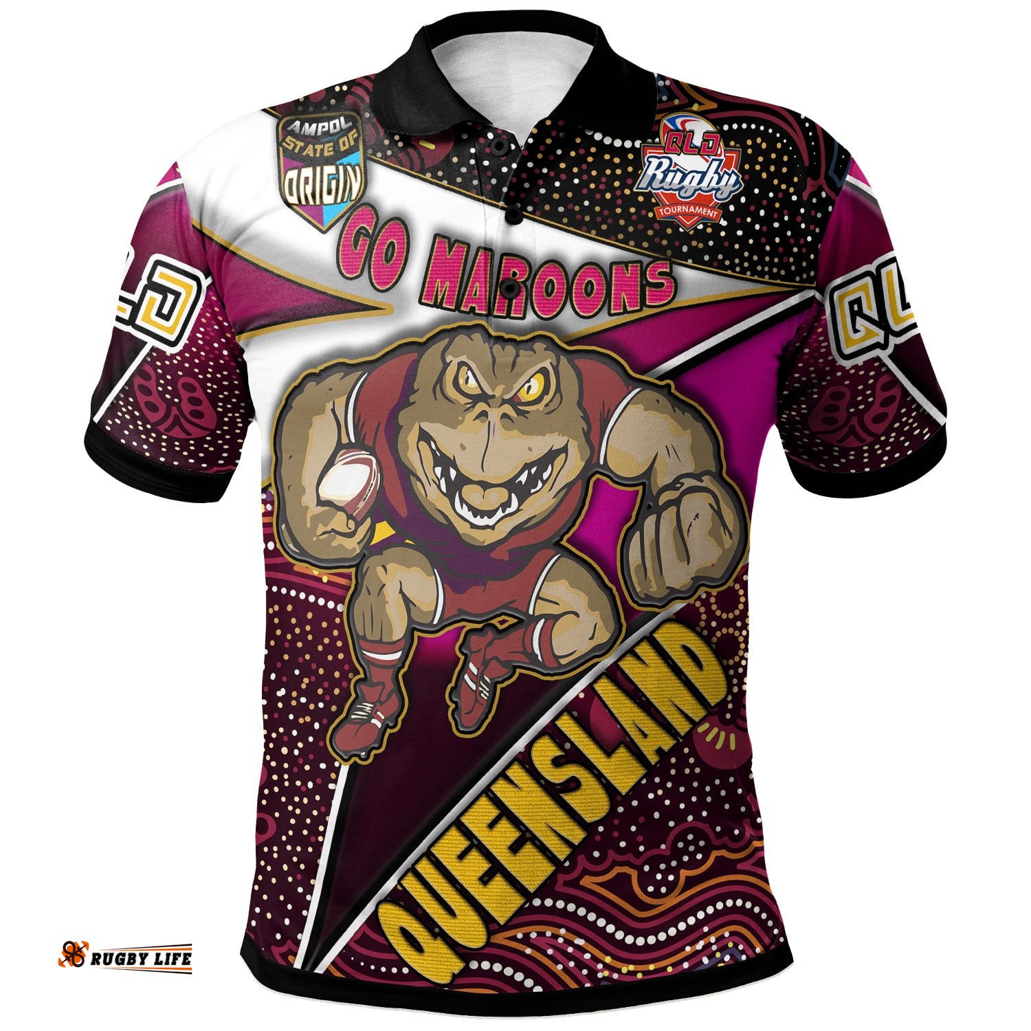Queensland Rugby League Team Polo Shirt - Custom Queensland Maroons With Aboriginal Patterns STATE OF ORIGIN Polo Shirt