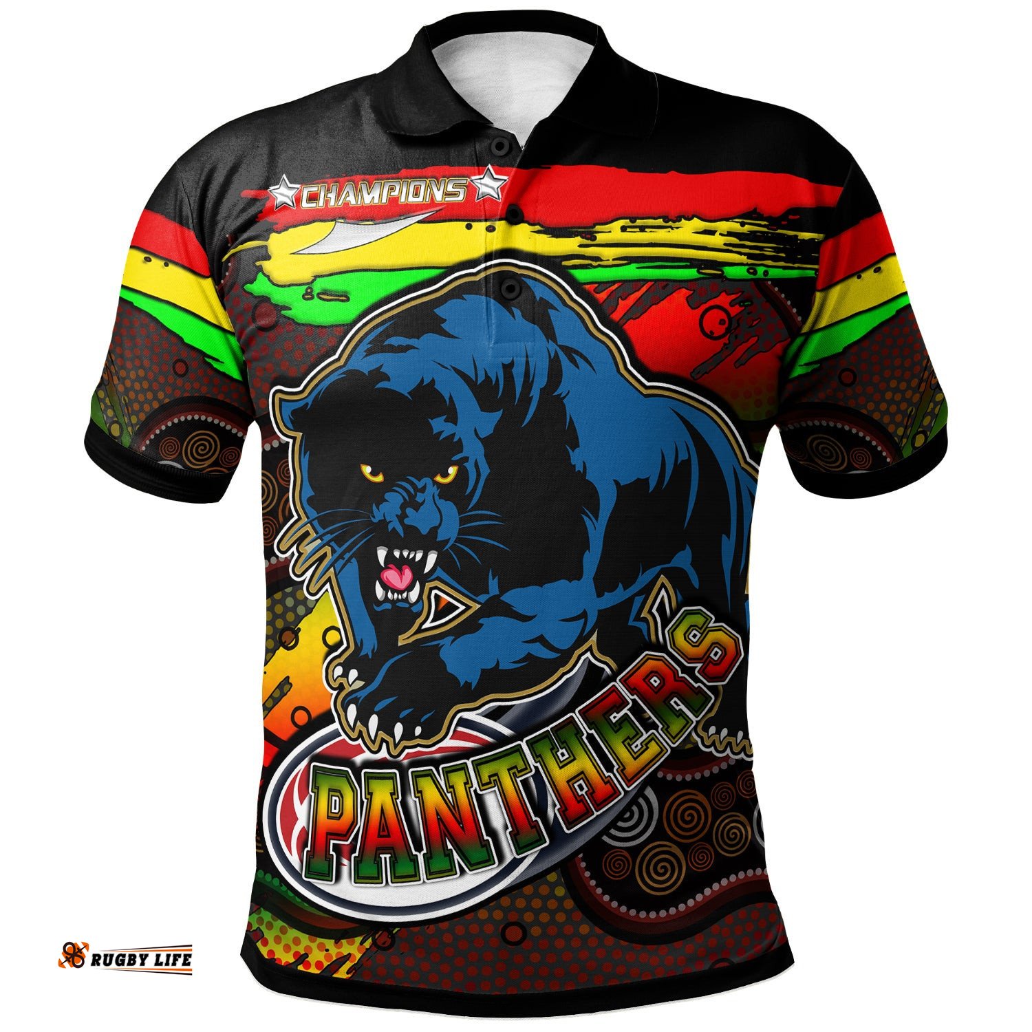 Panthers Rugby Polo Shirt - Custom Panther With Aboriginal Style Of Dot Painting Personalised Player And Number Polo Shirt