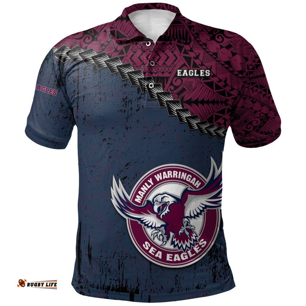 Manly Warringah Sea Eagles Polo Shirt Grunge Polynesian Tattoo - NRL