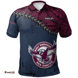 Manly Warringah Sea Eagles Polo Shirt Grunge Polynesian Tattoo - NRL