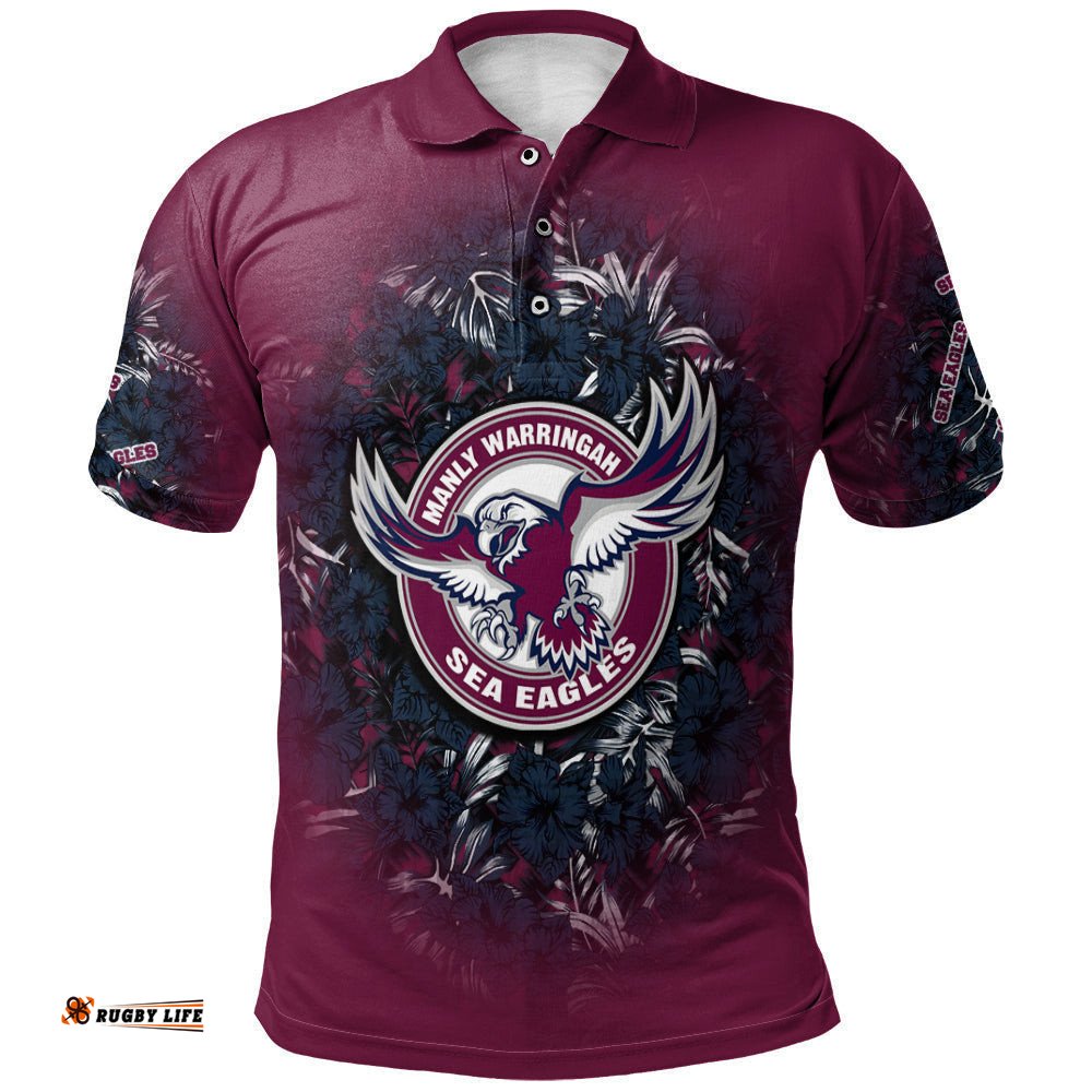 Manly Warringah Sea Eagles Polo Shirt Polynesian Hibiscus Tropical Vintage  - NRL