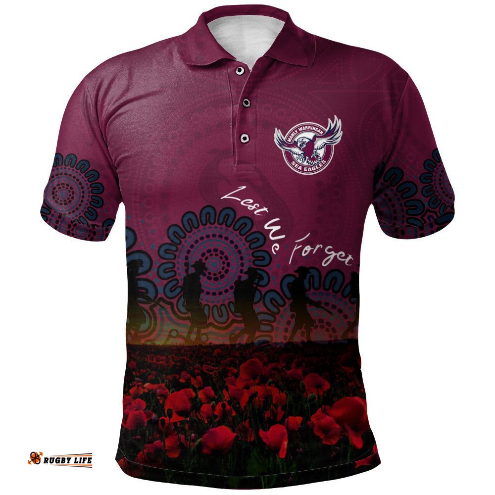 Manly Warringah Sea Eagles Polo Shirt Personalized Aboriginal Rugby Anzac Day Poppy With Soldiers - NRL